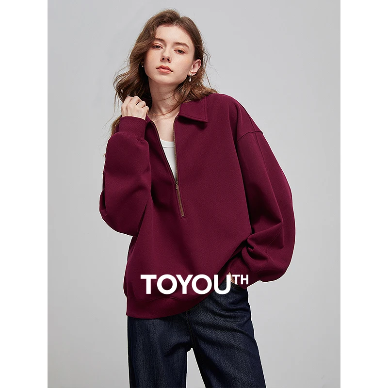 TOYOUTH Women Hoodies Sweatshirt 2025 Spring New POLO Collar Sports Style Zipper Ankola Red Pullover Tops