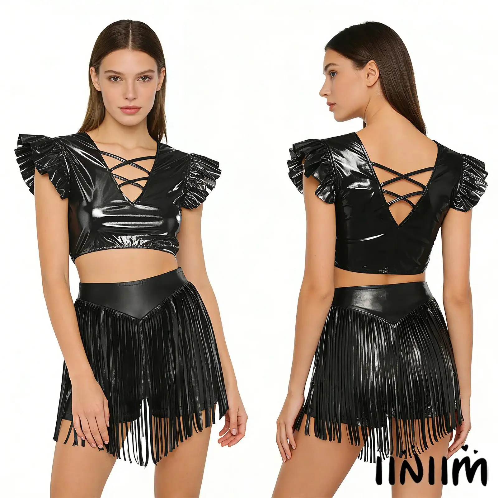 

Womens Metallic Jazz Hip Hop Dance Outfit V-shaped Cutout Ruffled Fly Sleeve Crop Top And Shorts Clubwear for Rock Disco Dance