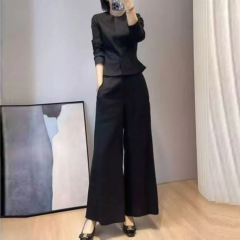 High-end Women's Dress Set Early Spring Featuring Stylish Waist-hugging Blue Shirt Wide-leg Pants Two-piece Set Very Fashionable