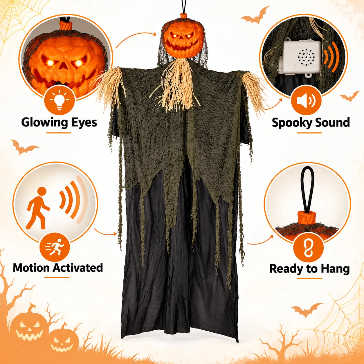 Big Halloween Hanging Pumpkin Scarecrow Light Up Sound Activated Decoration for Haunted House Outdoor Yard Garden Party Decor