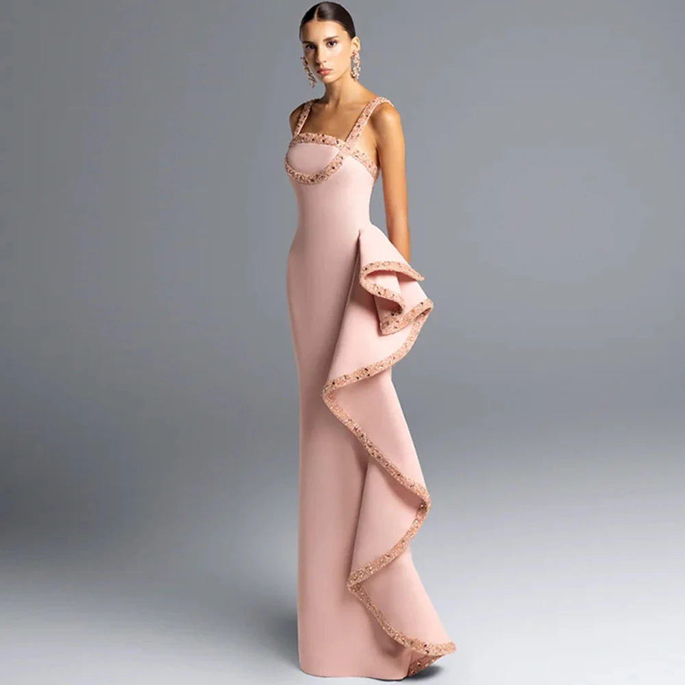 Squisito abito da sera senza maniche in jersey rosa Abiti da festa personalizzati a sirena elegante Abiti delicati per occasioni speciali con perline