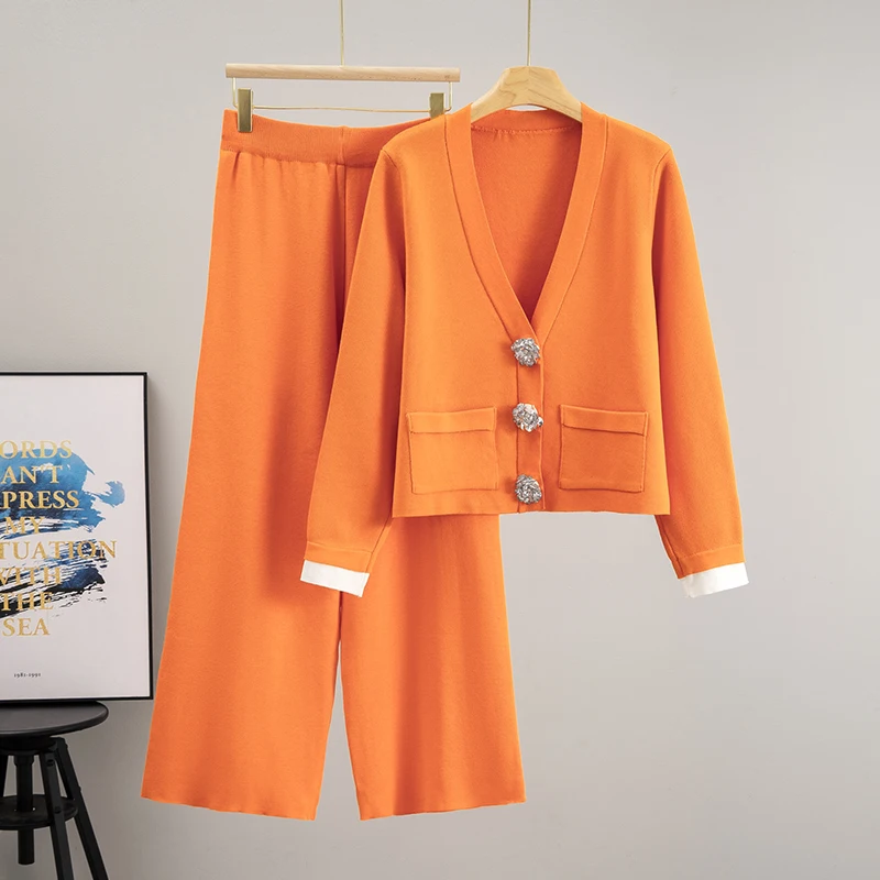

2025 Autumn Casual Women's Knitted Pants Set V-neck Long Sleeved Single Breasted Knitted Cardigan Wide Leg Pants Two Piece Set