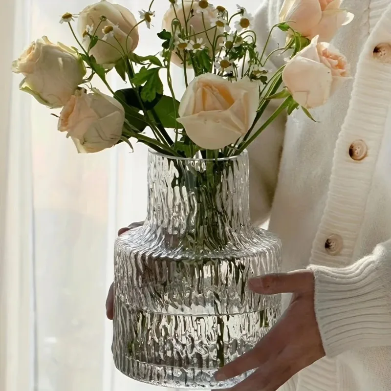 Ripple Textured Glass Vase, Clear Ice Pattern Flower Vase for Home Decor, Modern Minimalist Floral Arrangement Vase