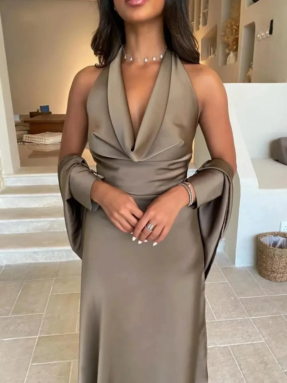 

2026 Sexy Chocolate Evening Party Dress V-neck Ruffle Ribbon Bow Backless Long Satin Women Prom Formal Gowns Robe De Soiree