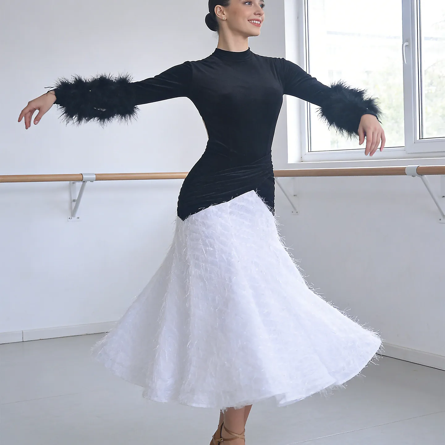 

New 2026 Slim Fit Velvet Ballroom Dance Dress Standard Modern Dance Clothes Black White Fluffy Dress Elegant Ballgown Skirt