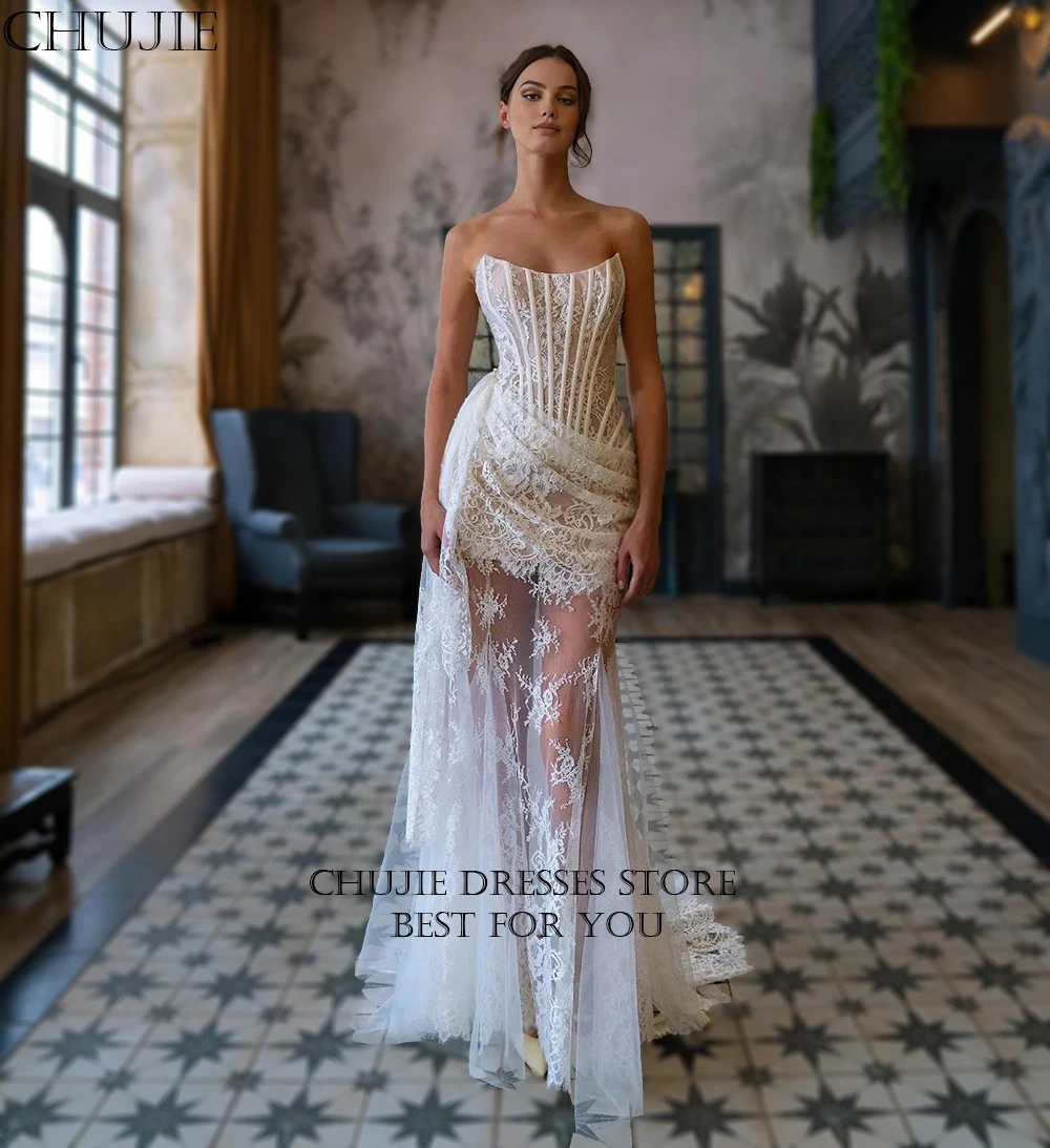 

White Full Lace Wedding Dresses Illusion Long Length Bridal Gowns Woman Elegant Pleat Bride Dress Vestido de novia Customized