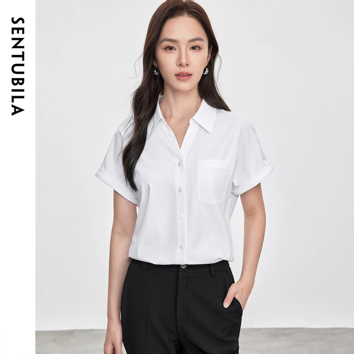 SENTUBILA Women White Short Sleeve Shirt 2025 Office Lady Turn-Down Collar Blouse Button-Up Design Breathable Tops 152C59375