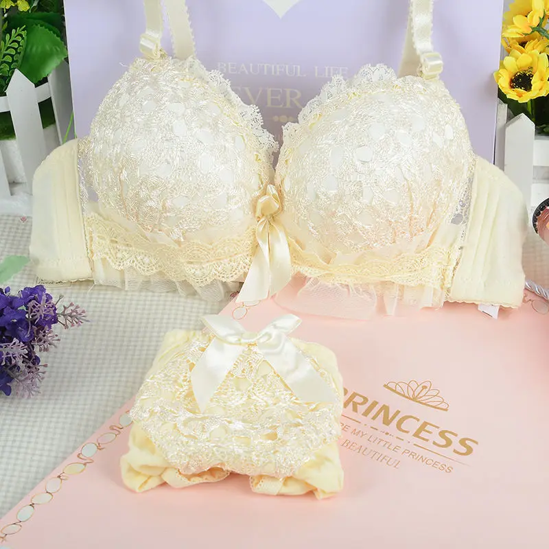 Japanese Bra & Brief Sets Sexy Lingerie Wire Free Push Up Lace Bra Underwear Set Bra and Panties for Women Intimates A B Cup Set