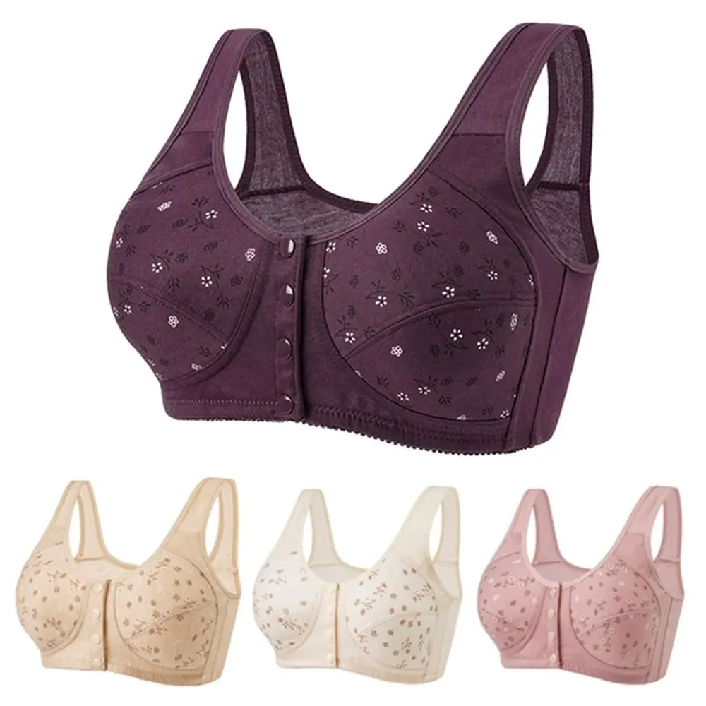 Comfortable Daisy Bras for Older Women Breathable Convenient Front Close Button Cotton Bras No Underwire Floral Printed