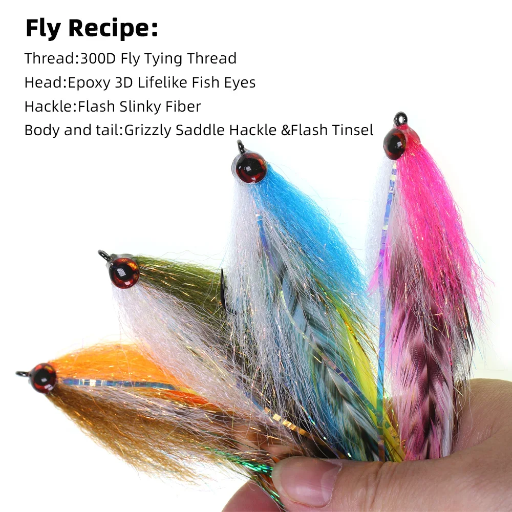 Wifreo 1pc/4pcs #2/0 Epoxy 3D Fish Eye Big Game Streamer Fly Grizzly Saddle Hackle Fly Fishing Flies Trout Muskie Fishing Lures