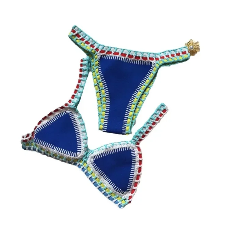 Micro Bikini 2021 Women Handmade Crochet Knit Swimwear Halter Patchwork Bathing Suit Swimsuit Biquini Thong Bikini traje de bano