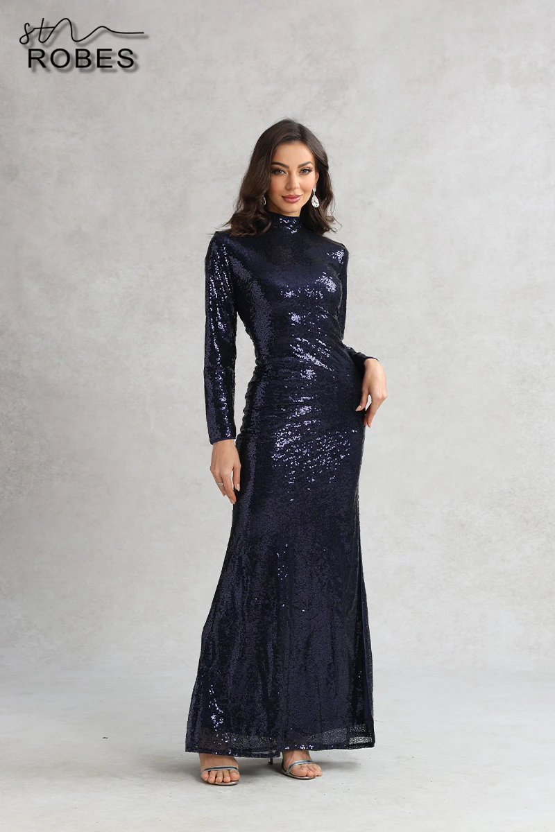 

StUNROBES Luxury Sequined O-Neck Evening Dresses For Women Blue High-Quality Sexy Backless Long Dress Elegant Club Party Robes