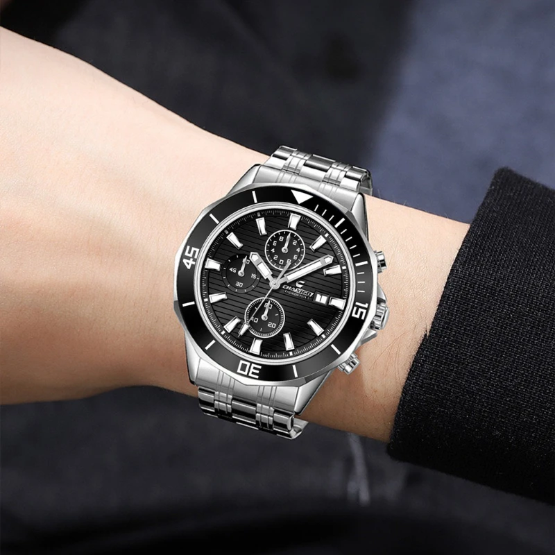 CHAXIGO 7374 Brand Luminous Quartz Watch Men's Business Waterproof Calendar Three Eye Six Pin Steel Strip Watches for Man Reloj