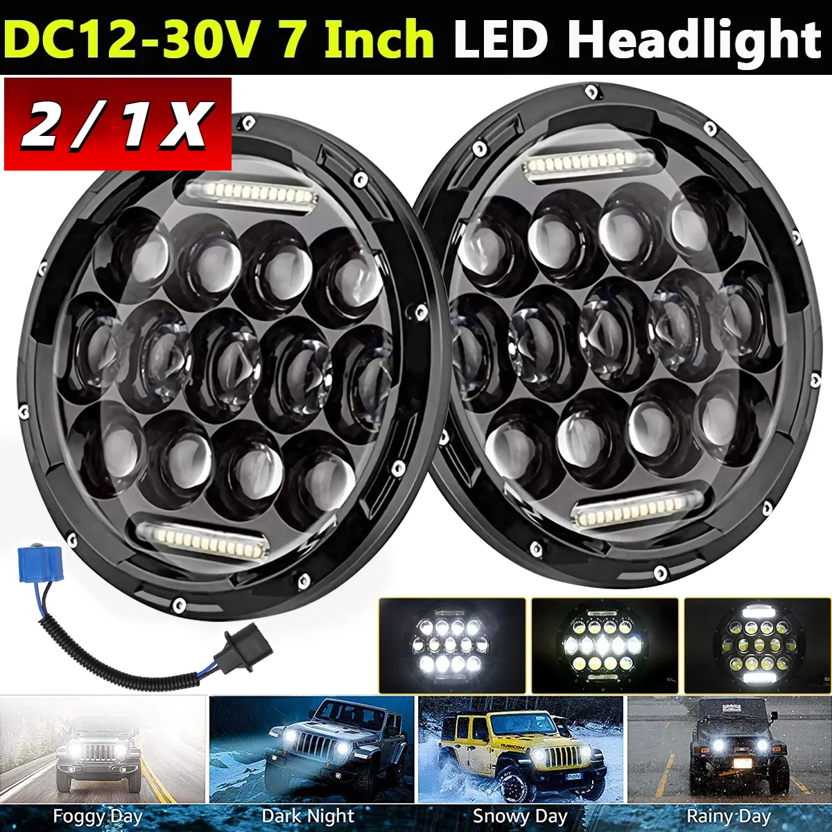 

2/1PCS 7" Inch 13 LED Headlights 75W Round LED with Daytime Running Light DRL High Low Beam Compatible with H4 H13 Adapter