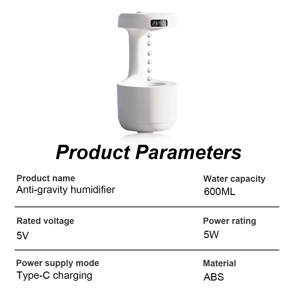 Water capacity 600ml, anti gravity humidifier with light, desktop air droplet backflow aromatherapy machine