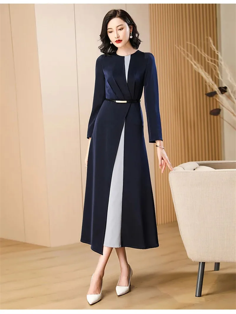 

2023 New Fashion Versatile Cang Blue Spliced Dress with Feminine Style Fashionable Slim Reduced Age Large Swing Mid length Skirt