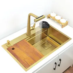 Gold 4-function kitchen faucet nano kitchen sink Golden Waterfall tap Stainless Steel Single Bowl Wash Basin Anti-scratch sinks