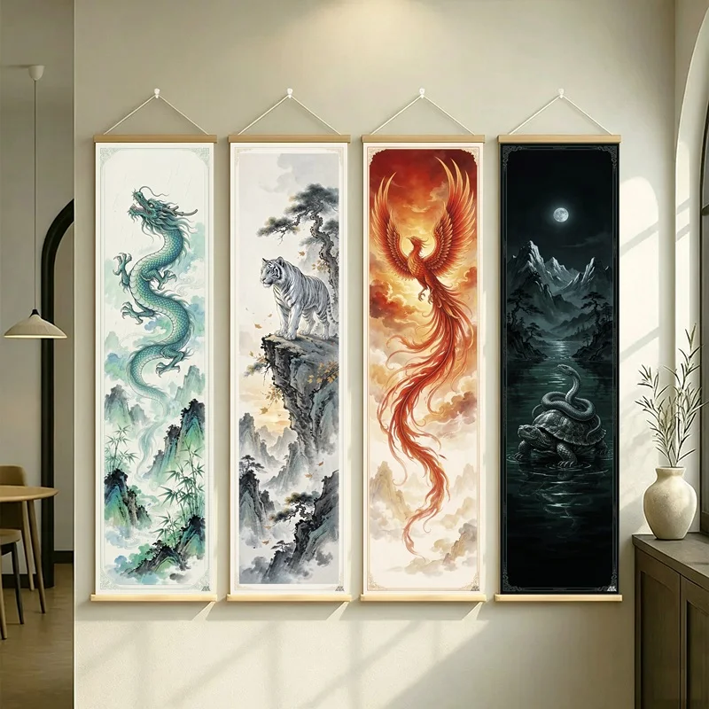Eastern Fantasy Hanging Scroll with Dragons, a Fiery Phoenix, and Ink Landscape Imagery in Vertical Panels for a Tea Room