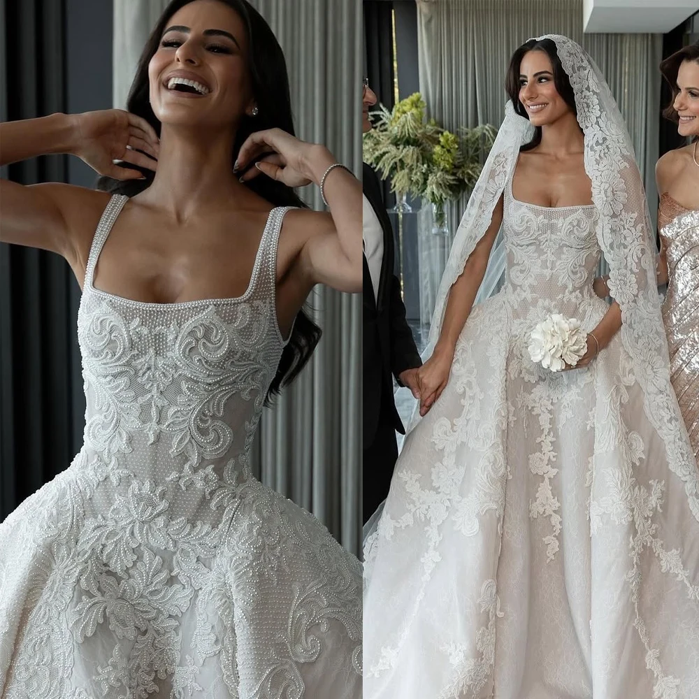 Fashion Wedding Dresses Appliques Bridal Gowns Spaghetti Straps Pearls A Line Princess Mermaid Customized Vestidos De Novia