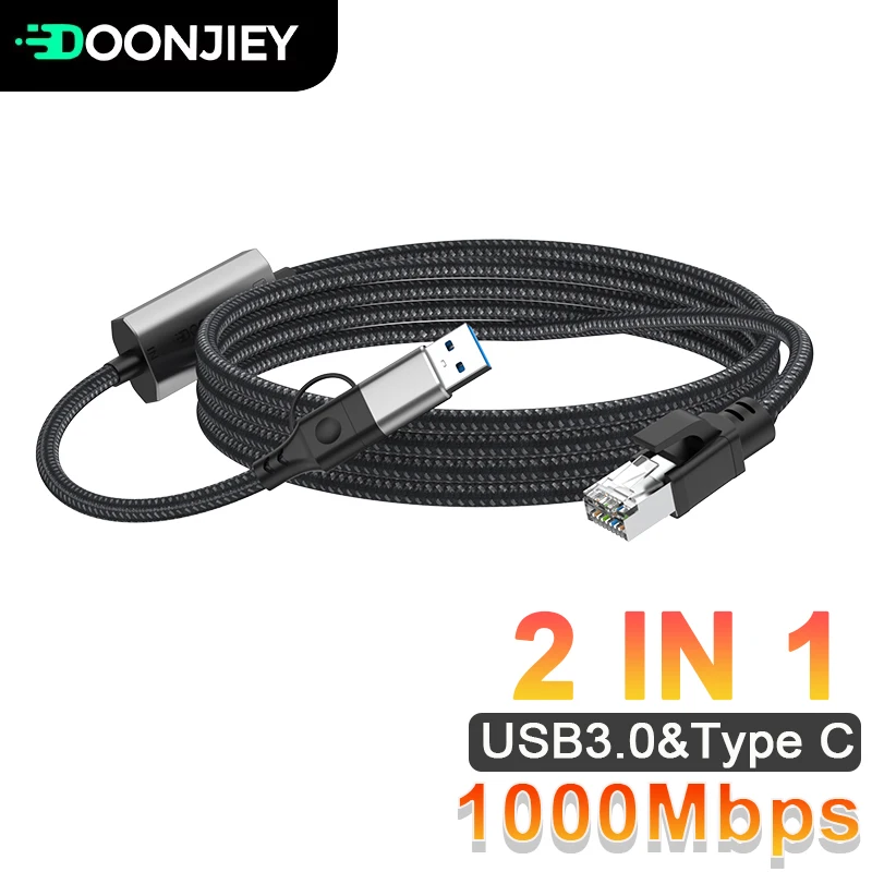 

2 in 1 USB C to Ethernet Cable USB3.0 to RJ45 1000Mbps LAN Network Cable Gigabit Directly Connected for Laptop PC Mobile Phone