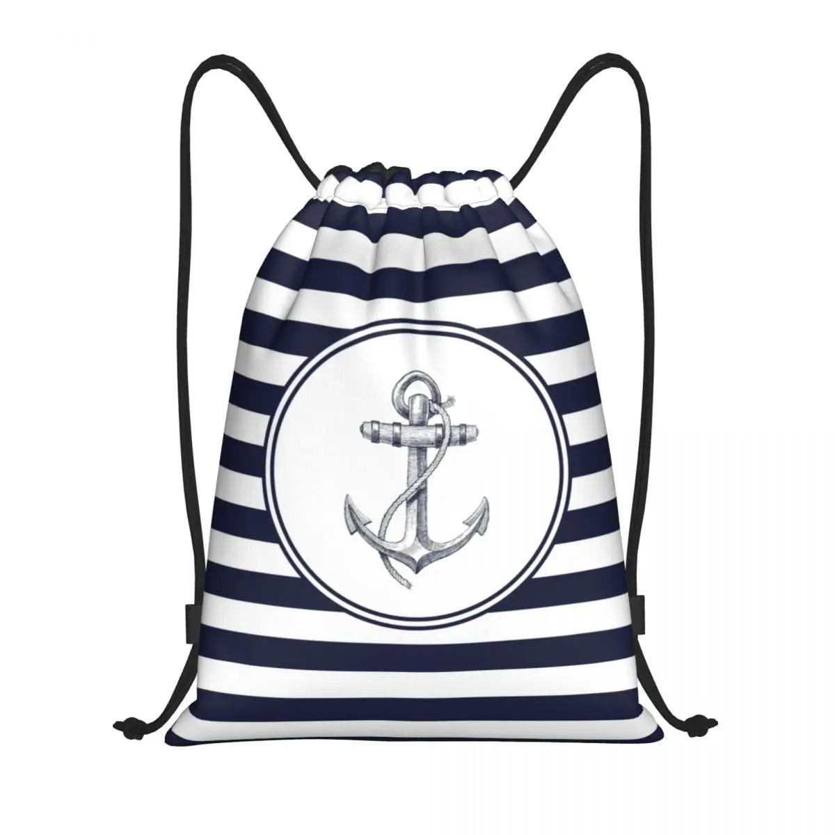 Anchor And Navy Blue Stripes Drawstring Backpack Women Men Gym Sport Sackpack Foldable Nautical Sailor Shopping Bag Sack