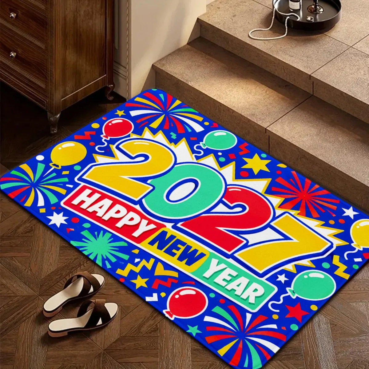 Christmas New Year Decorative Doormat Christmas Tree Happy New Year Print Floor Mat Front Door Entryway Home Holiday Party Decor