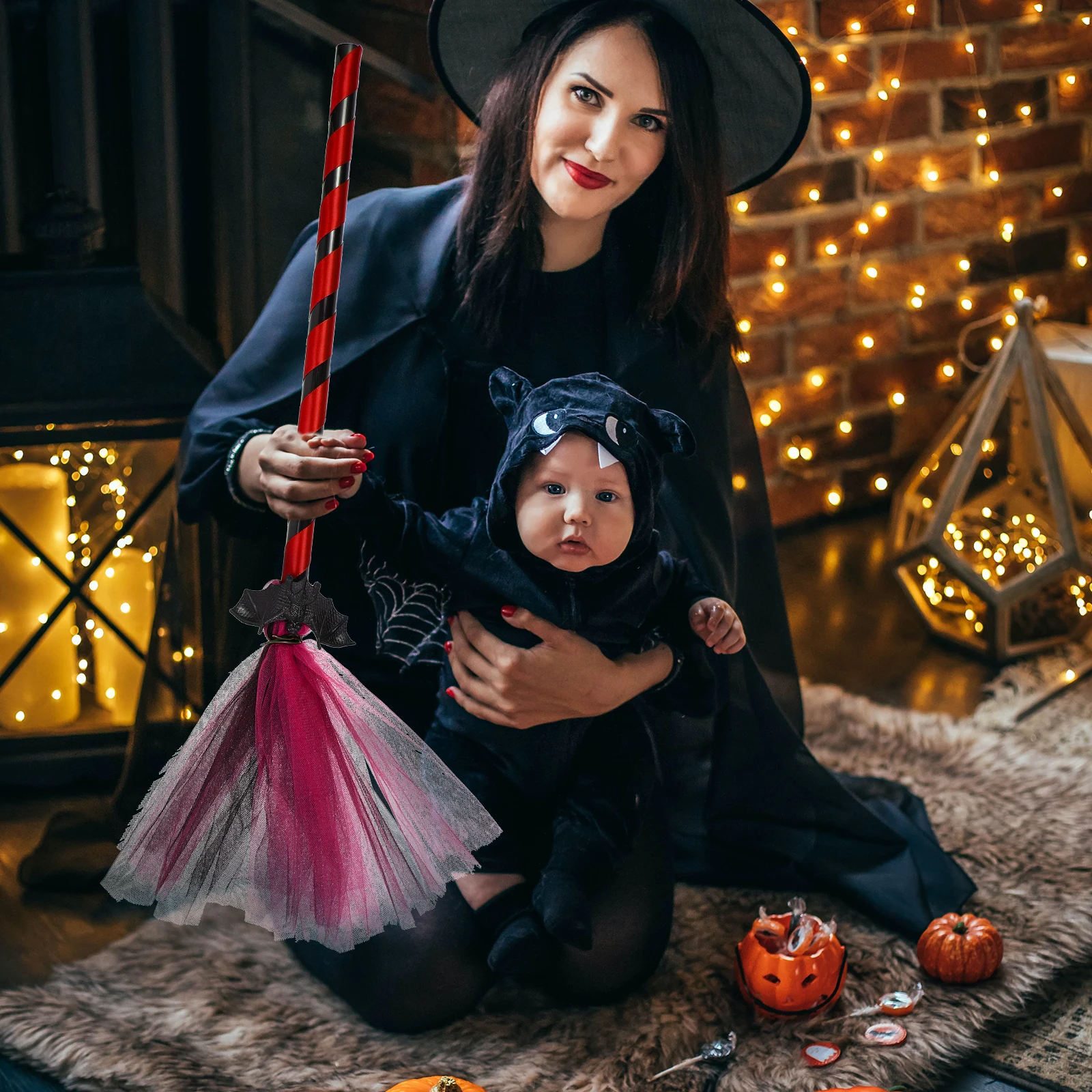 

2Pcs Halloween Witch Broom Gauze Decorative Party Props Safe Plastic Material Cosplay Accessories Festive Supplies