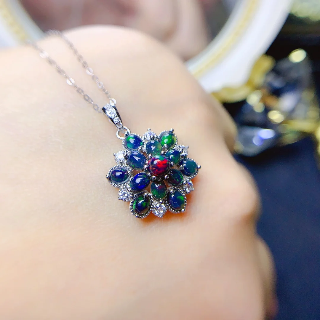 FS Natural 3*4mm Black Opal Flower Pendant Necklace Earrings Set S925 Pure Silver for Women Fine Weddings Charm Jewelry MeiBaPJ