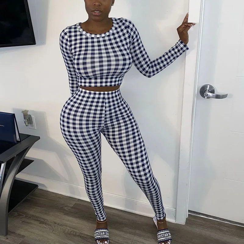 

Doyerl Basic Plaid Two Piece Set Woman Clothing Casual Long Sleeve Crop Top and Pencil Pants Matching Sets Conjuntos De Mujer