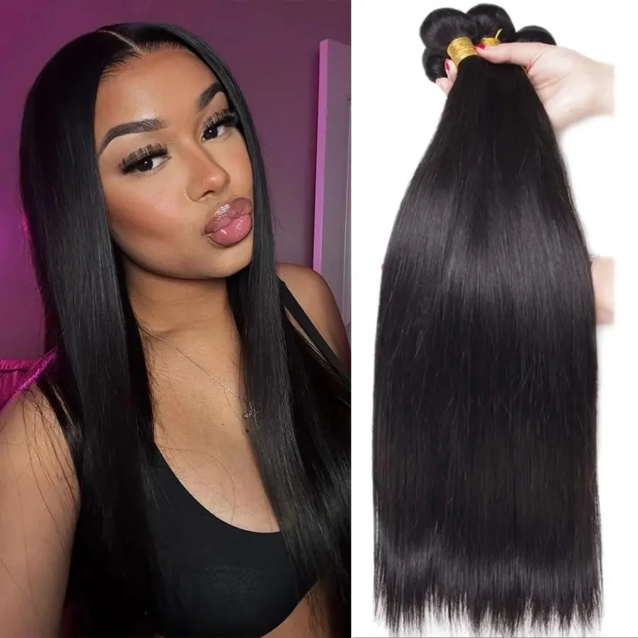 

Unprocessed Brazilian Straight Human Hair Bundles Natural Black 100% Raw Remy Hair Weave Extensions 1/3/4 Pcs 14-30 Inches