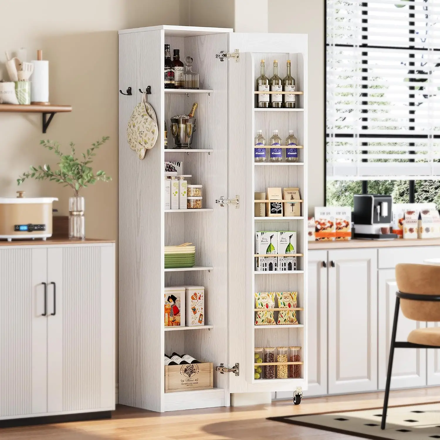 Mobile Kitchen Pantry Storage Cabinet Single Door Rolling Food Closet Cupboard Space Saving Wooden Accent Utility Organizer Tower Unit Farmhouse Display Rack Narrow Floor Shelf White Finished