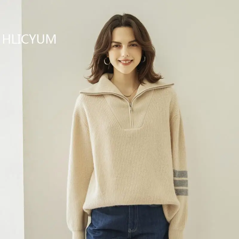 Autumn Winter Cashmere Sweater Women Knitwear Long Pullover Thick Spliced Plus Size POLO Collar Wool Tops Zipper Loose Jumper