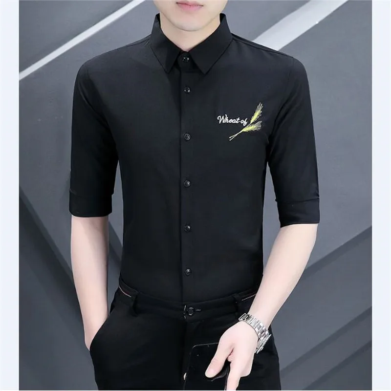 Korean Style Fashion Slim Embroidered Wheat Half Sleeve Shirt Men Summer New Quality Soft Comfortable Anti-Wrinkle Chemise Homme