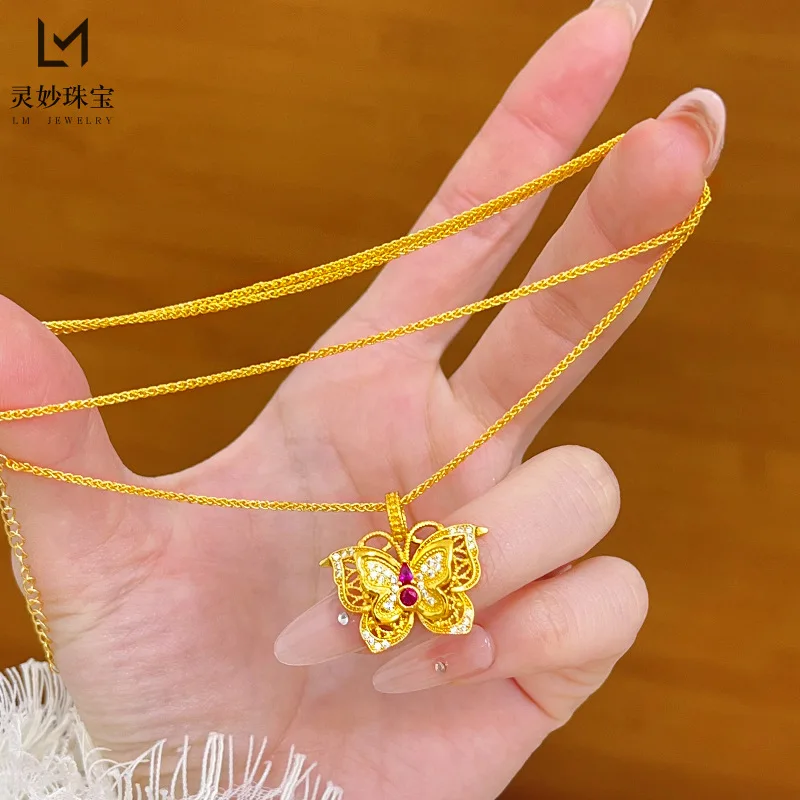 

Роскошное ожерелье из чистого золота 24 карата 9999, настоящее золото, ожерелье Linglong с цветком и бабочкой, полое шелковое ожерелье с двойной подвеской в виде бабочки