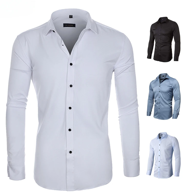 

New Slim Fit Business High Elastic White Stretch Fabric Casual Shirt Men Long Sleeved Cotton Shirt