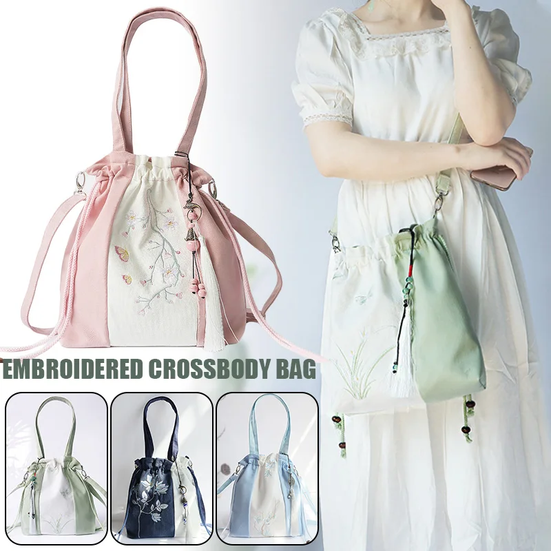 Chinese Style Hanfu Handbag Literary Vintage Flower Embroidery Shoulder Bag Ancient Style Messenger Bag Drawstring Purse