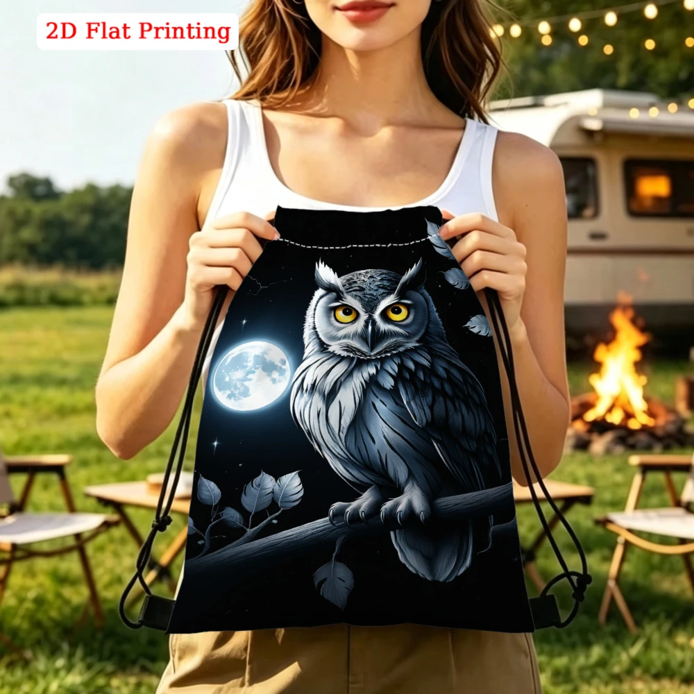 2D Flat Printing, Drawstring Backpack, Owl Moon Night Pattern, Gym Sports Bag, Outdoor Travel Drawstring Pack