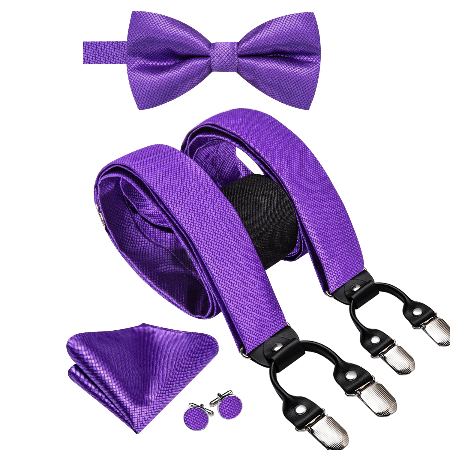 Hi-Tie Solid Purple Silk Men Suspender Bowtie Hanky Cufflink Adjustable Clip On Brace for Male Wedding Business Party Wholesale