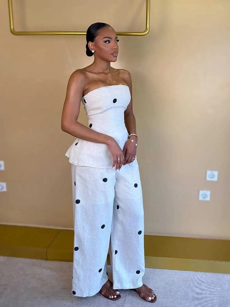 

Summer Suit with Pants Dots Printed Strapless Top and Pant Slim Fit 2 Piece Sets Woman Outfits Casual Vacation Outfits Modest