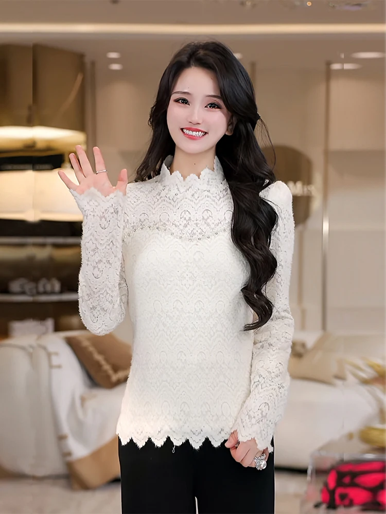 

White Lace Base irt Women's Inner Wear Top Hollow out Design Spring Autumn New Sle High End Feeling French Sle Long Sve