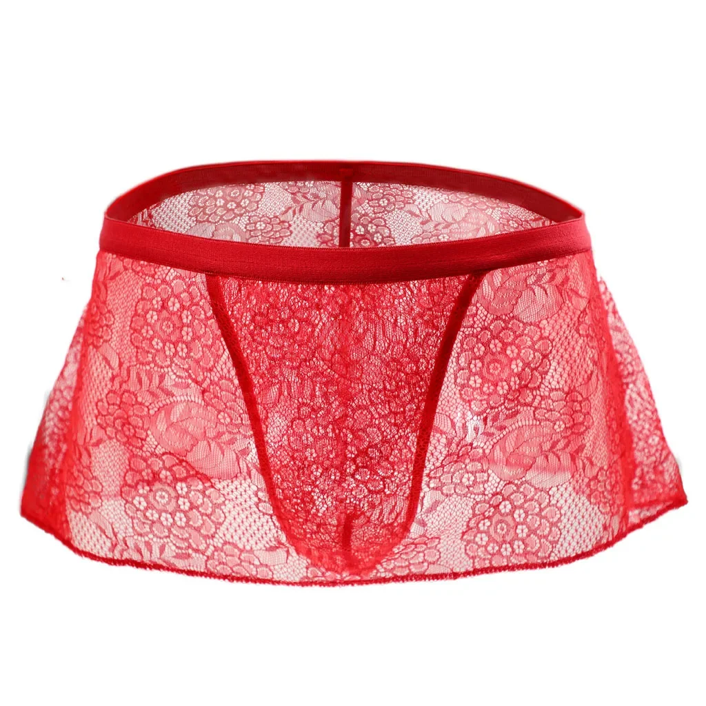 ผู้ชาย Swing กระโปรง Sissy เร้าอารมณ์ T กลับกางเกงเกย์ต่ําเอวลูกไม้ดูผ่าน Crossdressing บาง Sheer G-String ชุดชั้นใน