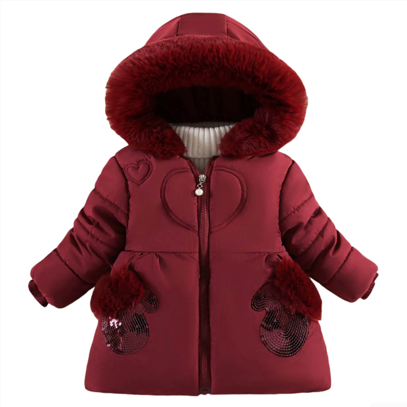 1 2 3 4 Years Baby Girls Jacket Winter New Solid Color Fleece Keep Warm Lining Plush Warm Hooded Zipper Down Cotton Outerwear