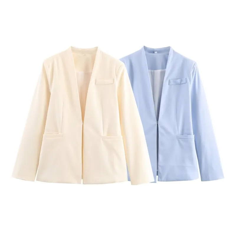 Ladies' Collarless Slim Fit Casual Suit Jacket Autumn Solid Long Sleeved Pockets Decoration Single Button Women's Tops