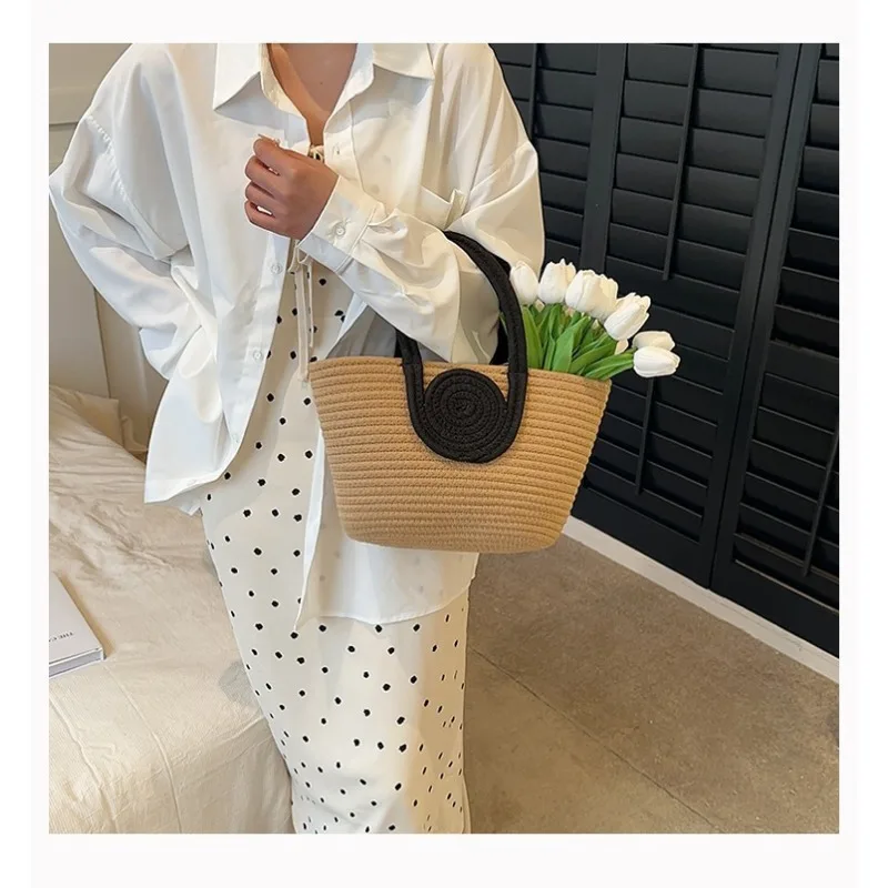 

1pcs Cotton Woven Handbag Versatile Tote Bag with Contrast Color Round Decoration