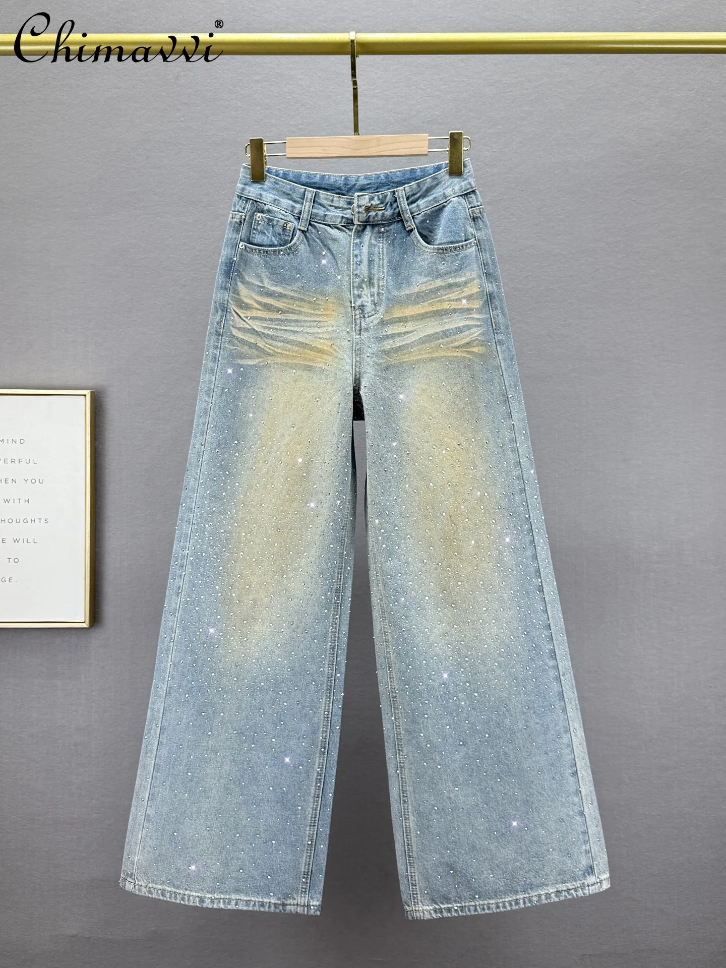 

Heavy Rhinestone Vintage Denim Wide-leg Pants Women Spring New Fashion High-waisted Loose Slim European Style Extended Pants