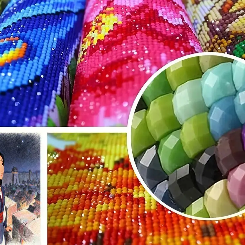 1 szt. Zestaw do samodzielnego wykonania obrazu diamentowego 5D, Mulan Wojowniczka Księżniczka i Widok na Starożytną Miasteczko w Nocy, Duży Rozmiar 40x50CM, Kryształki Rhinestone