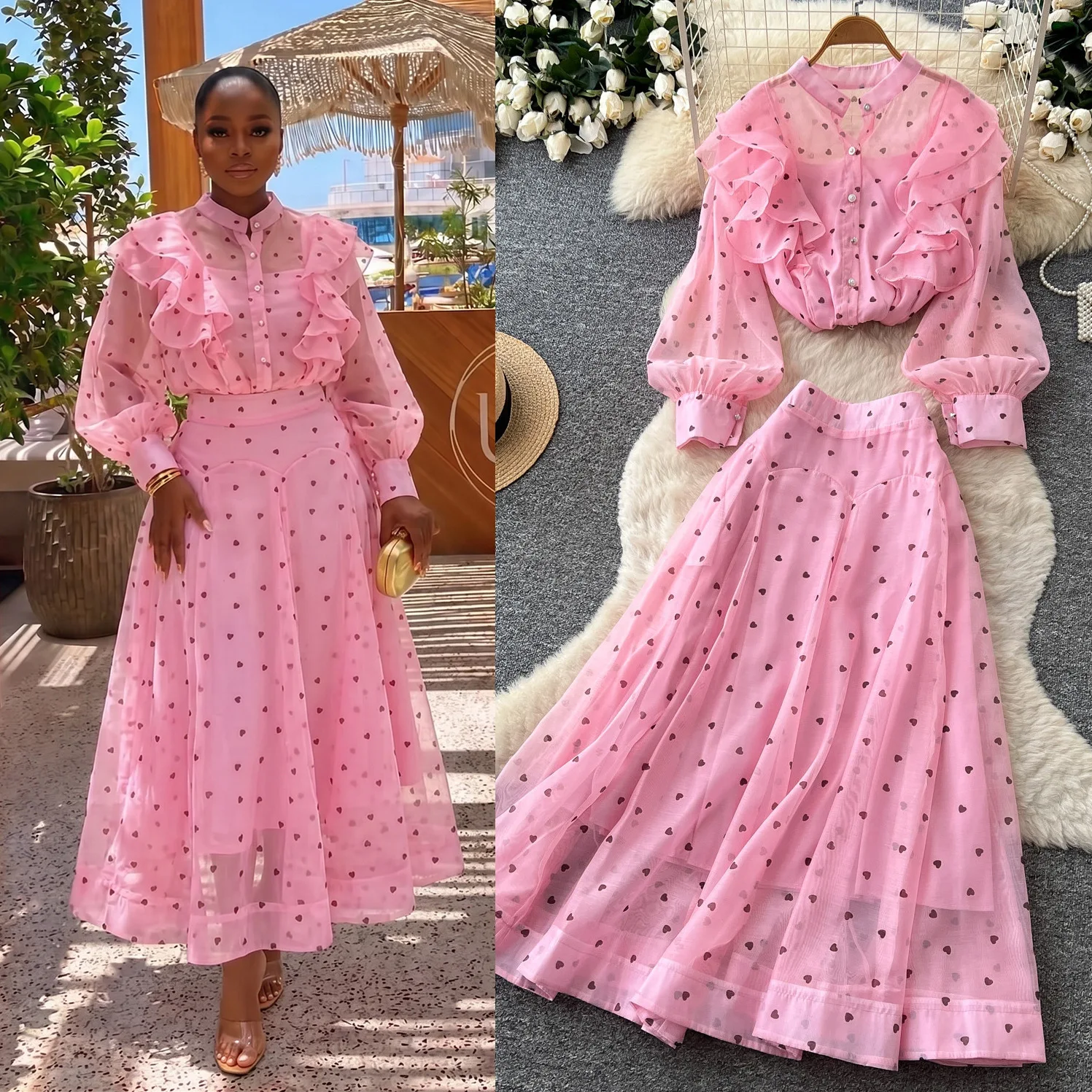 Fall Elegant Women Heart Print 2 Piece Outfit, Ruffle Long Sleeve Stand Collar Shirt & Maxi Skirt Set, Sheer Mesh Matching Suit view 3