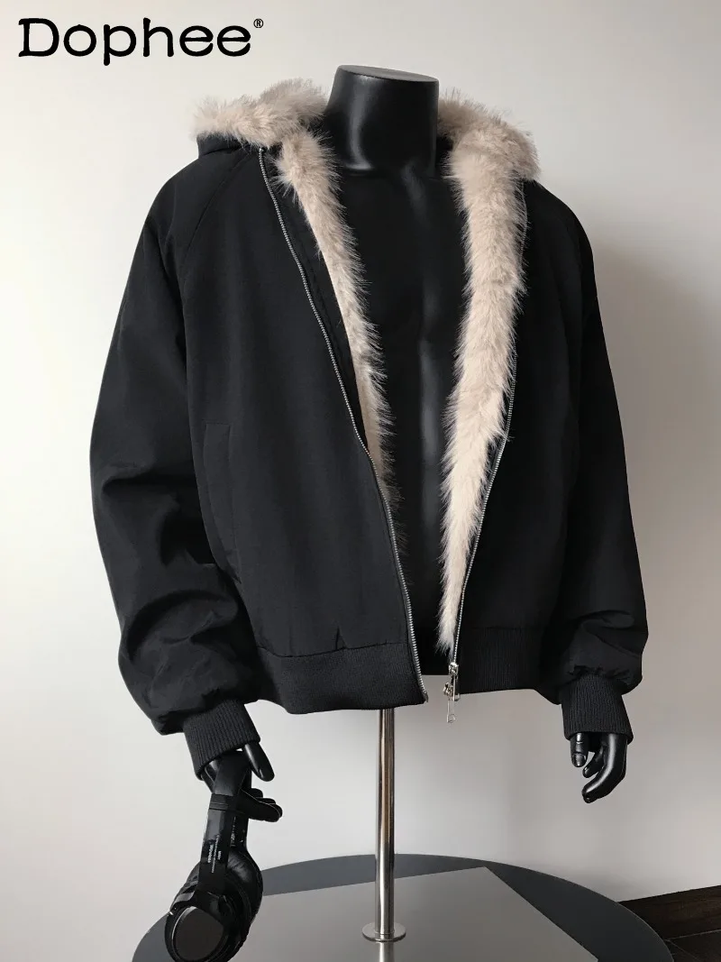 

American Retro Fashion Trend Hooded Cotton Jacket for Men Winter Fleece Lined Warm Short Zipper Jacket