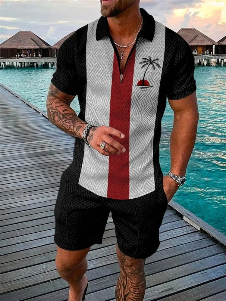 2024 Fashion Men's Striped Coconut Print Short Sleeve Shorts Two Piece Beach Vacation Polo Shirt Zipper Top Shorts Set Clothing