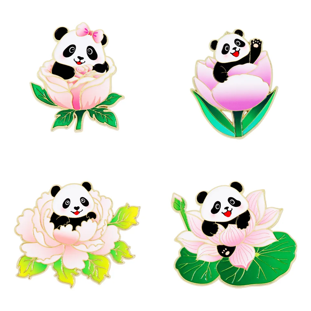 

Брошь с изображением панды, серия, цветок, животное, милое украшение для рюкзака, металлический значок, Чэнду, туристический подарок